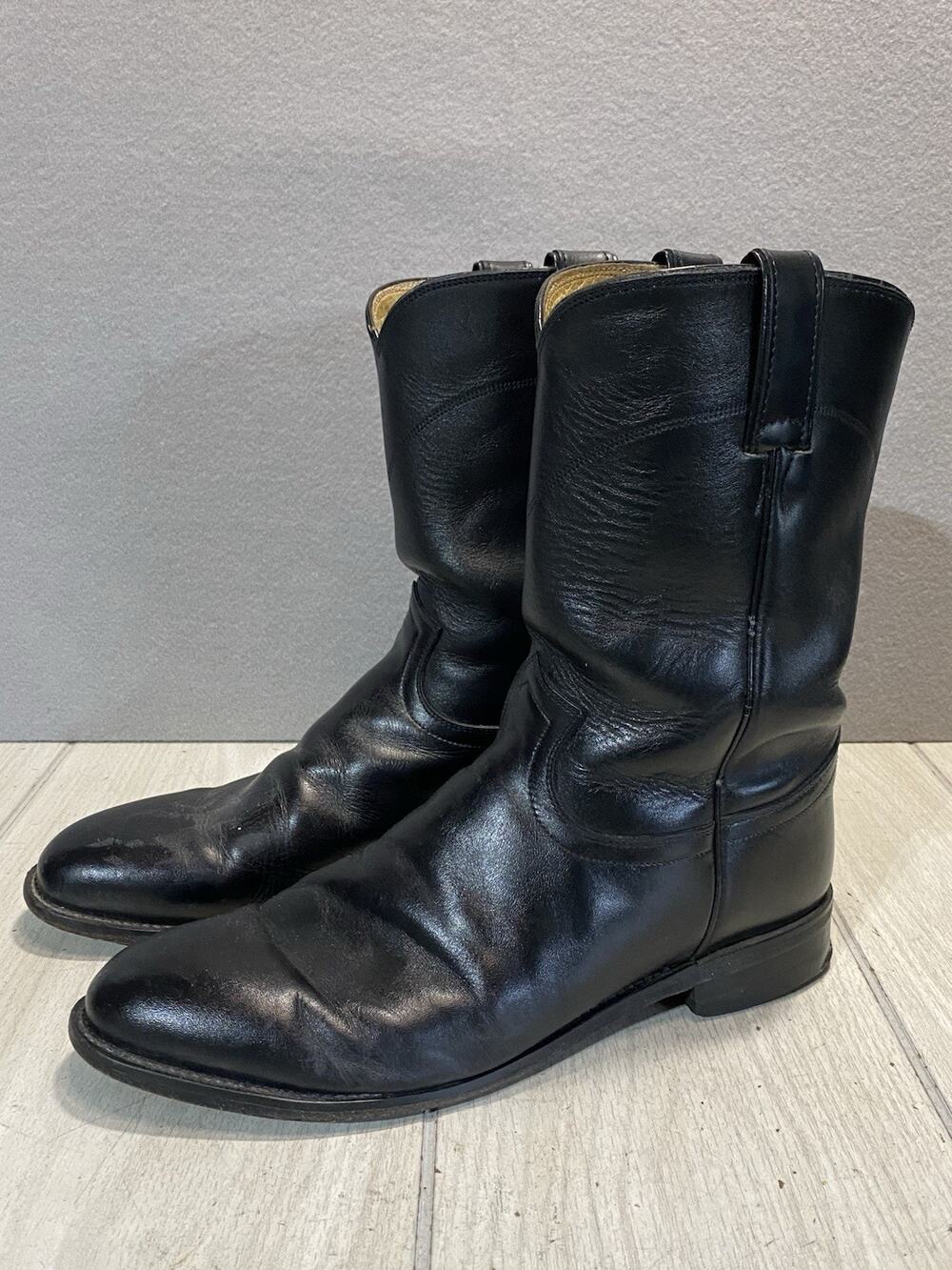 Justin Black Leather Roper Boots Mens 10.5 D Round Toe Cowboy Western Ranch 3133